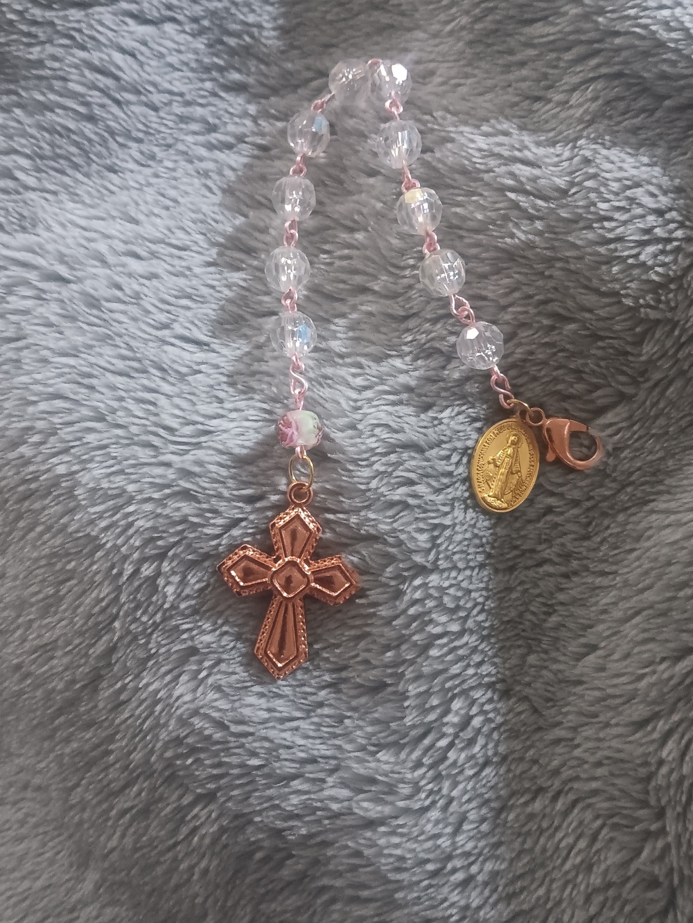 Pocket Rosary/Bag Charm with Rose Gold Cross and Clear Beads